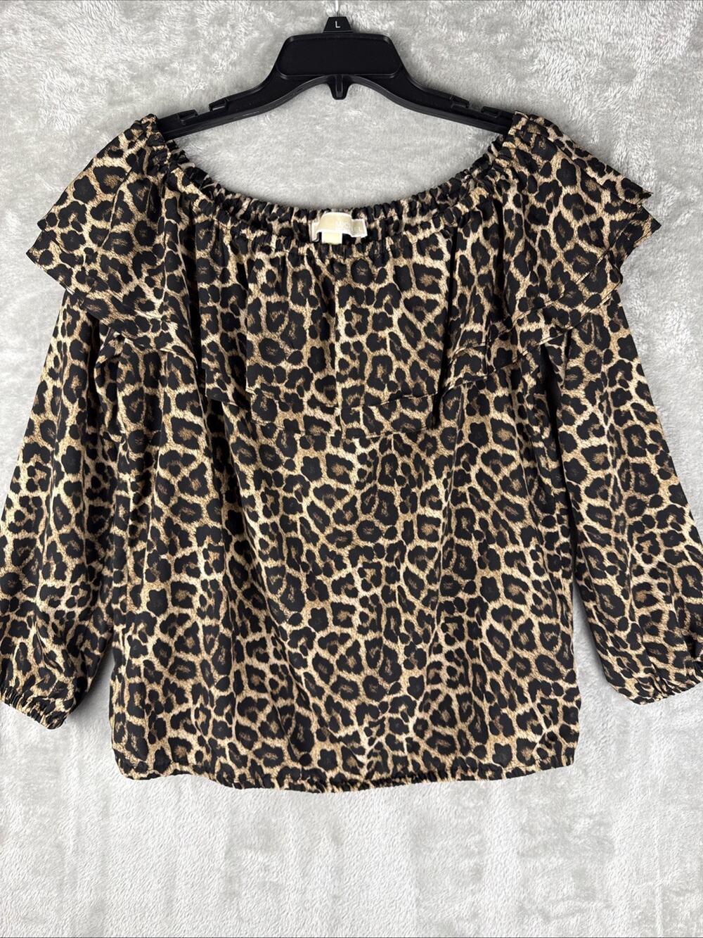 Michael KORS Off the Shoulder Peasant Top Leopard Print Ruffles Size Medium